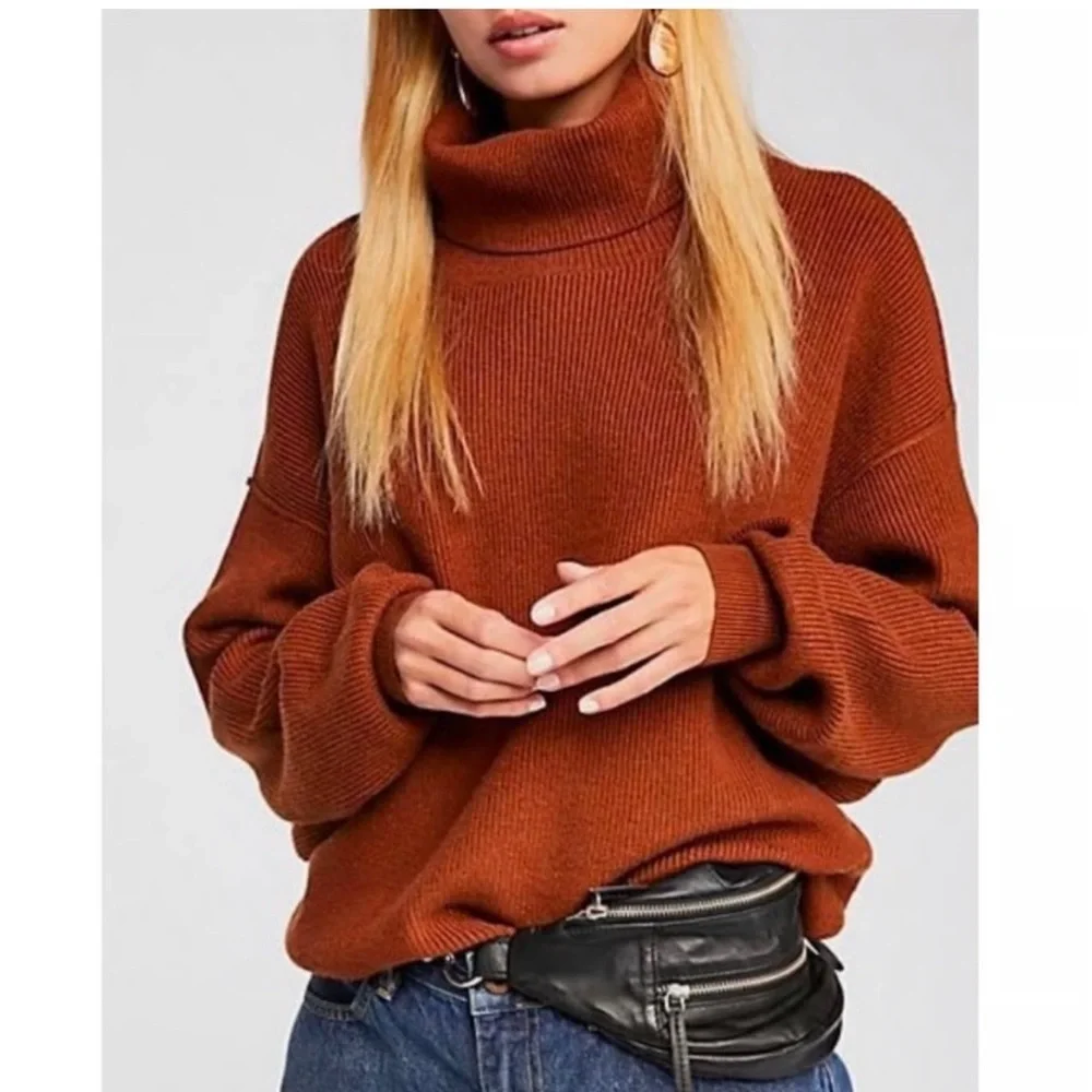 Free People Softly Structured Oversized Brown Cowl Neck Sweater